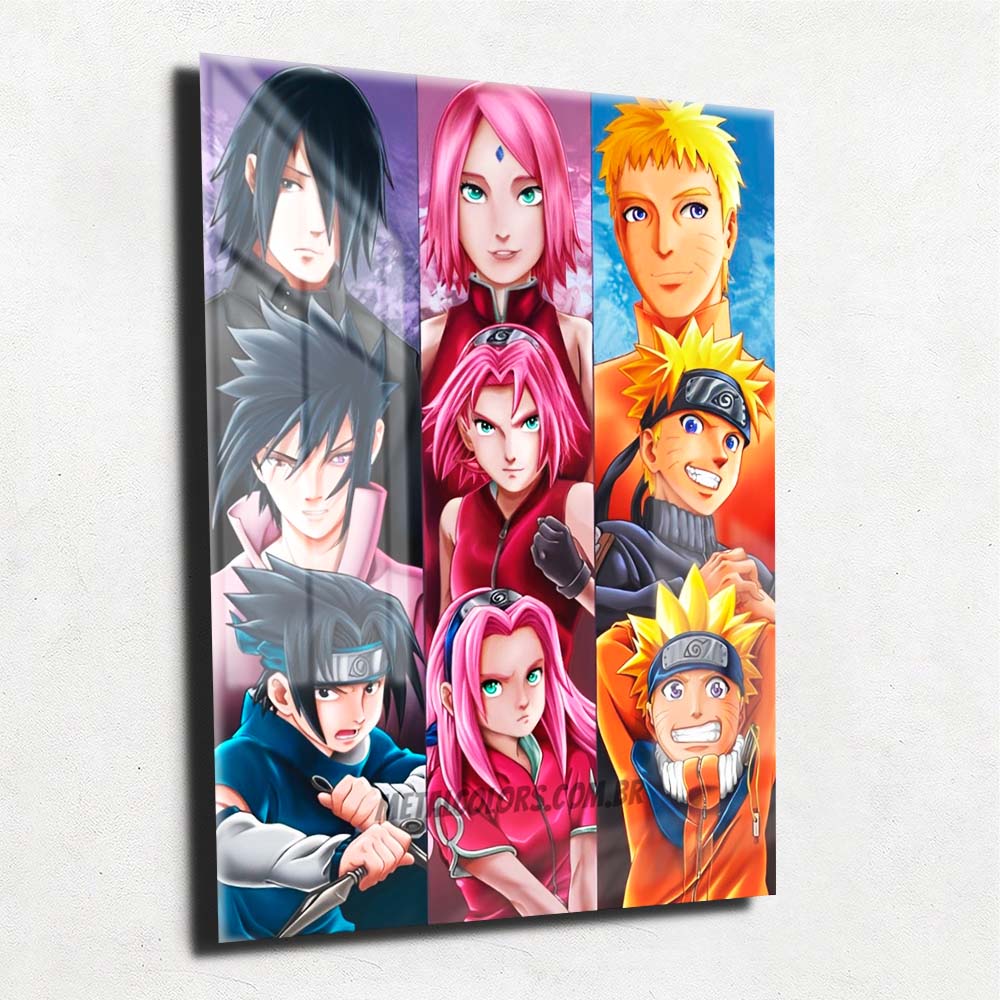 Quadro Metalizado Naruto Sasuke Sakura Evolução Placa Decorativa Brilh