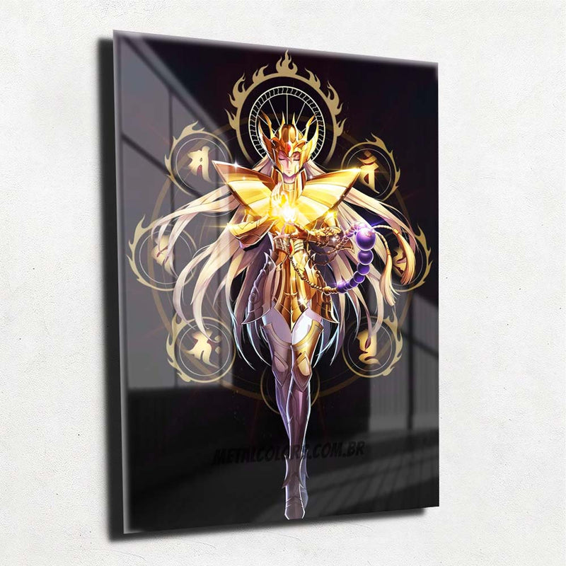 Quadro Metalizado Shaka de Virgem Anime Cavaleiros do Zodíaco Placa Decorativa Brilhante