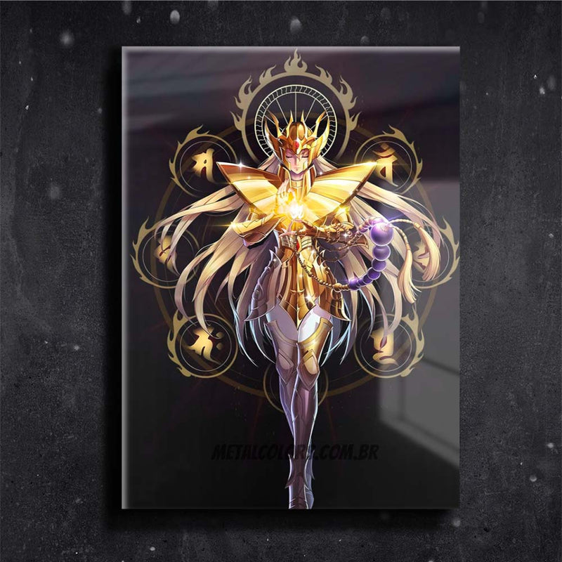 Quadro Metalizado Shaka de Virgem Anime Cavaleiros do Zodíaco Placa Decorativa Brilhante