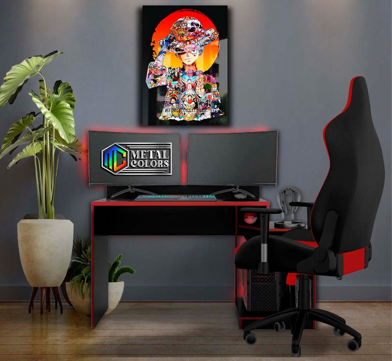 Quadro Metalizado Personagens One Piece Luffy Chapéu de Palha Placa Decorativa Brilhante