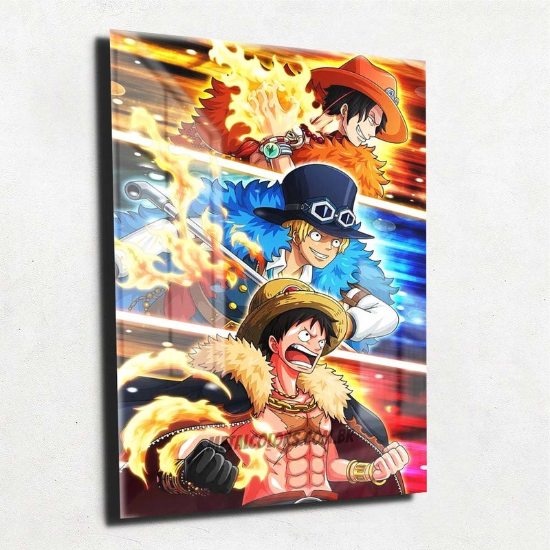 Quadro Metalizado One Piece Luffy Sabo e Ace Irmãos Placa Decorativa Brilhante