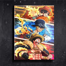 Quadro Metalizado One Piece Luffy Sabo e Ace Irmãos Placa Decorativa Brilhante