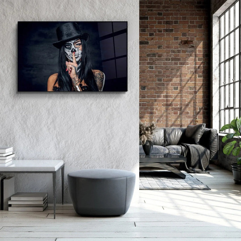Quadro Metalizado Moderno Decoração Mulher Caveira Rock