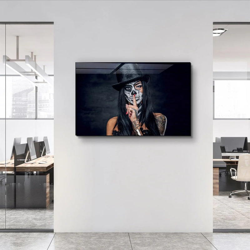 Quadro Metalizado Moderno Decoração Mulher Caveira Rock