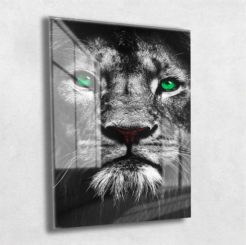 Quadro Metalizado Leão Prosperidade Olhos Verdes Placa Decorativa Brilhante