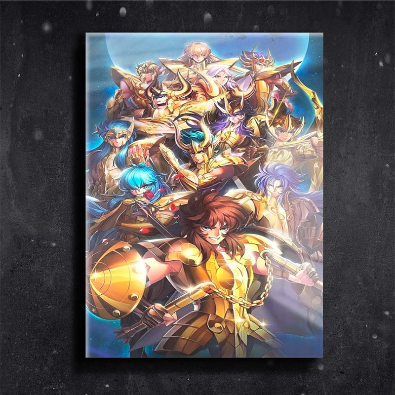 Quadro Metalizado Anime Cavaleiros do Zodíaco de ouro Placa Decorativa Brilhante