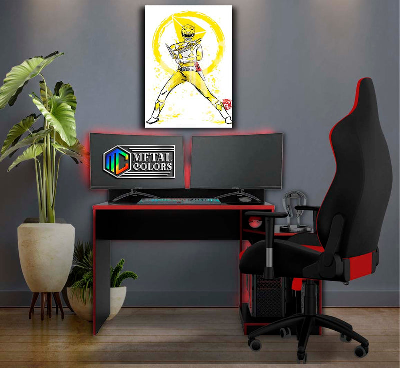 Quadro Metalizado Art Power Rangers Amarelo Placa Decorativa Brilhante