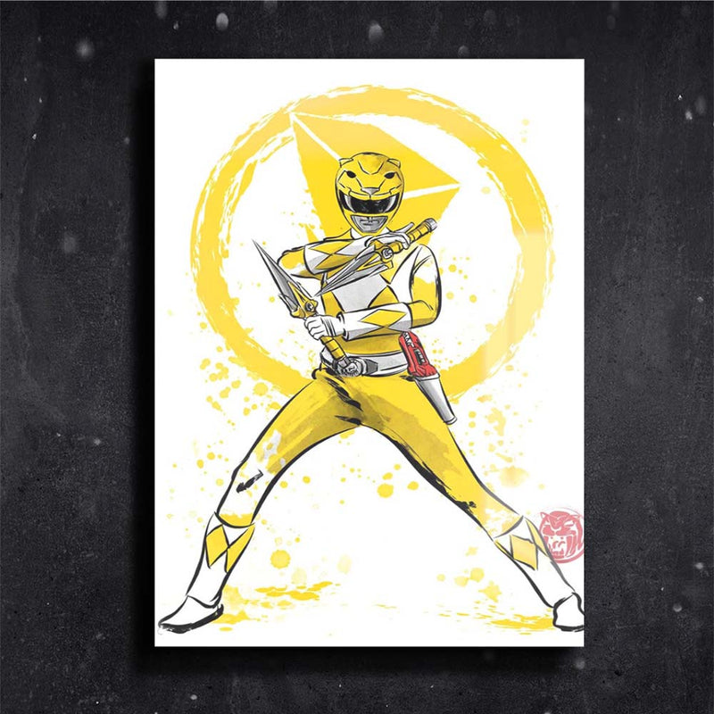 Quadro Metalizado Art Power Rangers Amarelo Placa Decorativa Brilhante