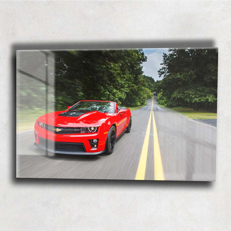 Quadro Metalizado Carro Camaro Vermelho Placa Decorativa Brilhante