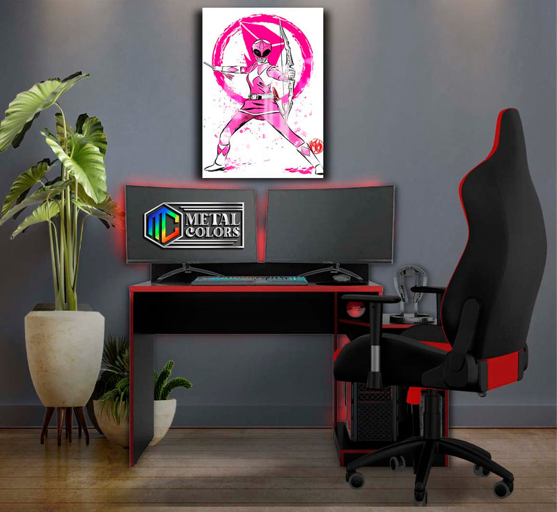 Quadro Metalizado Art Power Rangers Rosa Placa Decorativa Brilhante