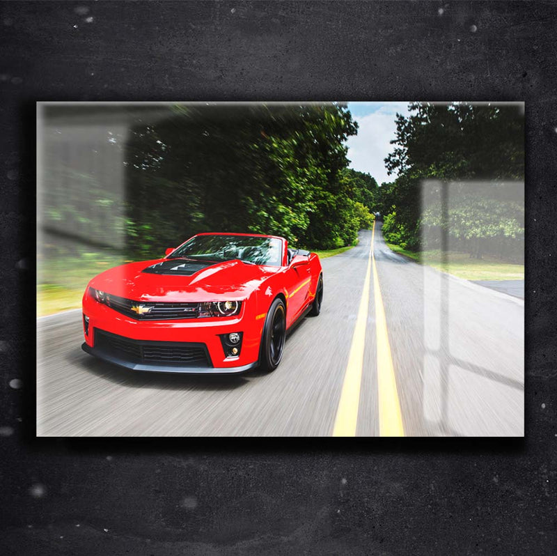 Quadro Metalizado Carro Camaro Vermelho Placa Decorativa Brilhante