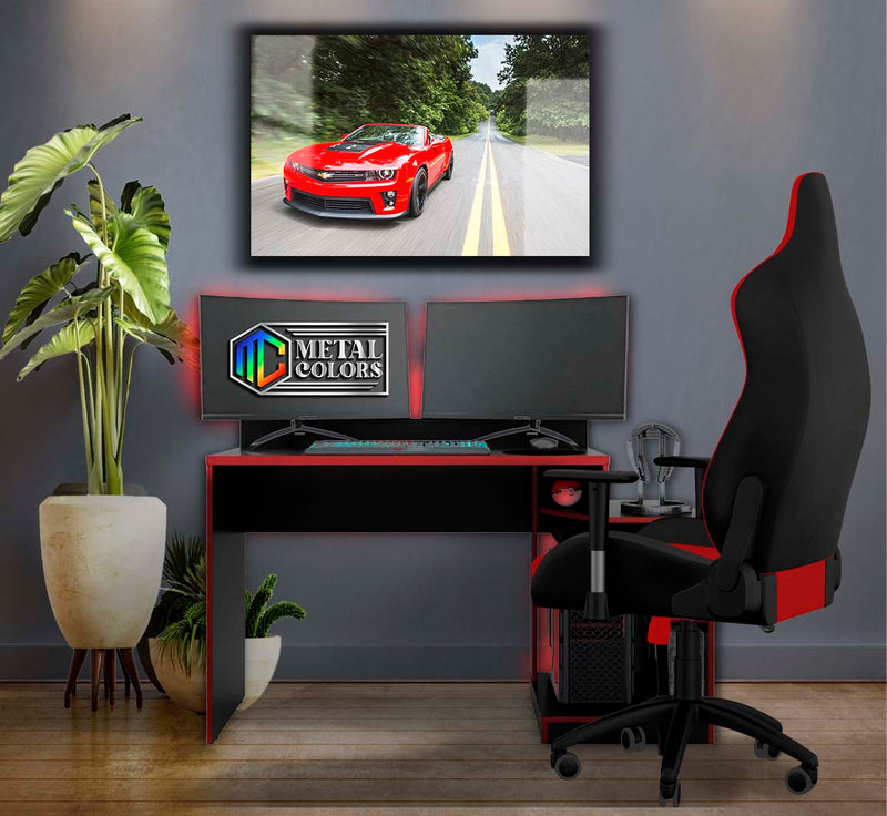 Quadro Metalizado Carro Camaro Vermelho Placa Decorativa Brilhante