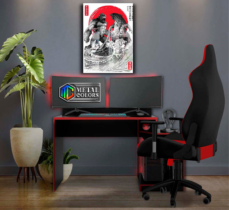 Quadro Metalizado Godzilla vs King Kong Art Placa Decorativa Brilhante