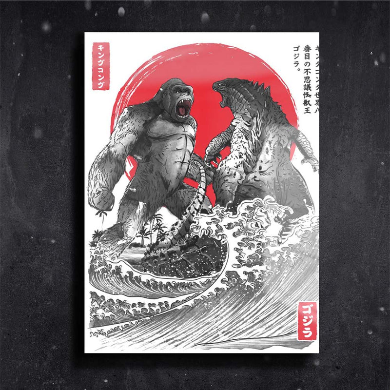 Quadro Metalizado Godzilla vs King Kong Art Placa Decorativa Brilhante