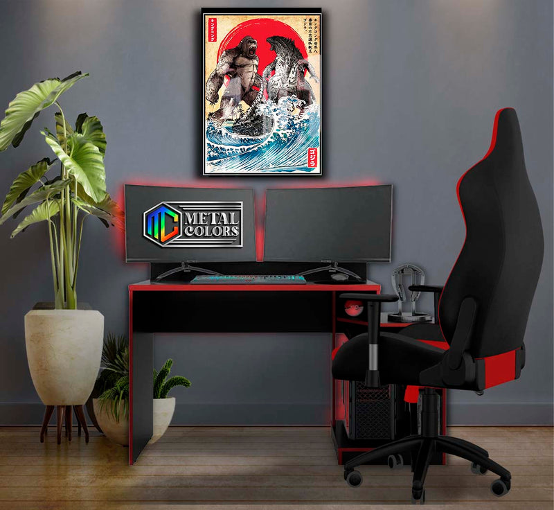 Quadro Metalizado Godzilla vs King Kong Placa Decorativa Brilhante