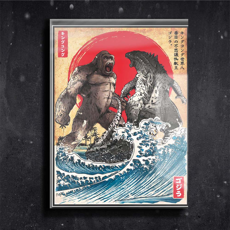 Quadro Metalizado Godzilla vs King Kong Placa Decorativa Brilhante