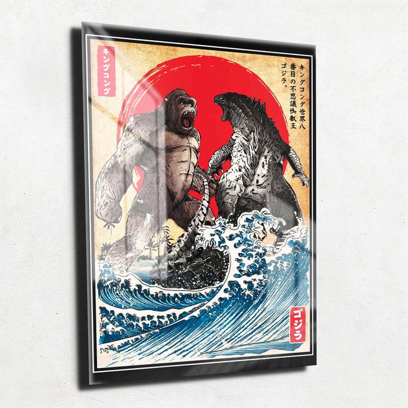 Quadro Metalizado Godzilla vs King Kong Placa Decorativa Brilhante