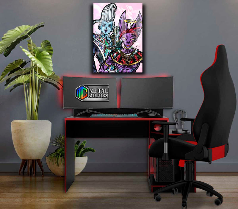 Quadro Metalizado Bills e Whis Dragon Ball Anime Placa Decorativa Brilhante