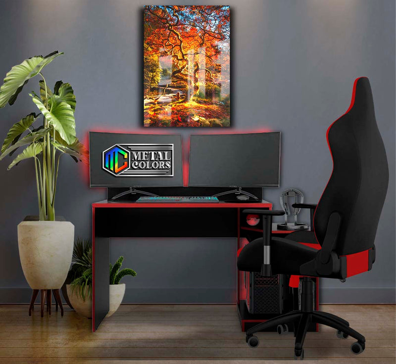 Quadro Metalizado Paisagem Arvore Sagrada Floresta Placa Decorativa Brilhante