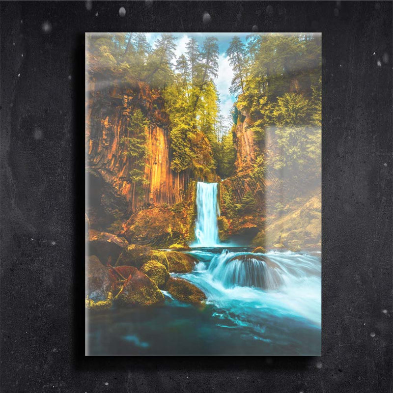 Quadro Metalizado Paisagem Cachoeira Azul Placa Decorativa Brilhante