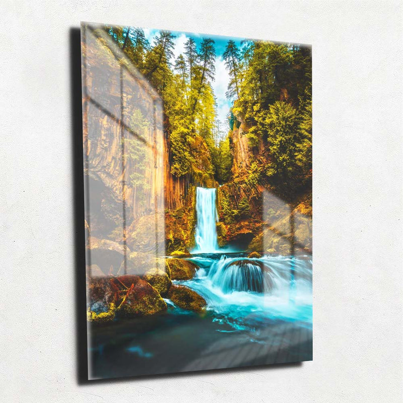 Quadro Metalizado Paisagem Cachoeira Azul Placa Decorativa Brilhante