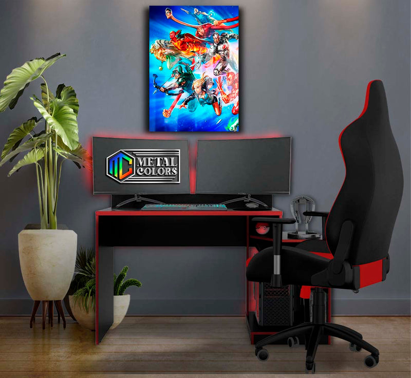 Quadro Metalizado Personagens Liga da Justiça Placa Decorativa Brilhante