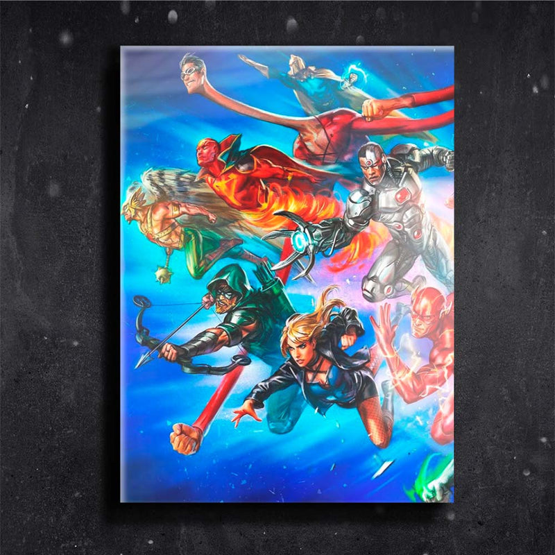 Quadro Metalizado Personagens Liga da Justiça Placa Decorativa Brilhante