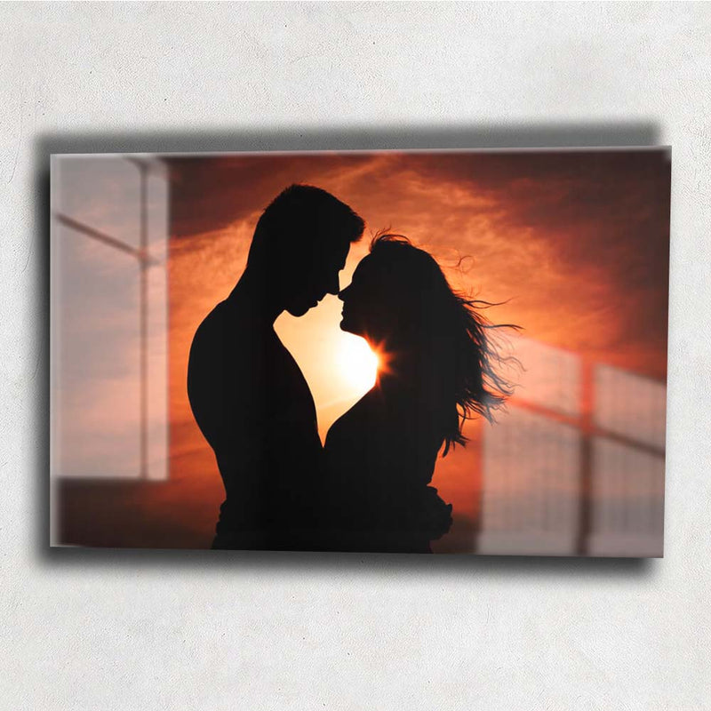 Quadro Metalizado Casal Romântico Pôr do Sol Placa Decorativa Brilhante