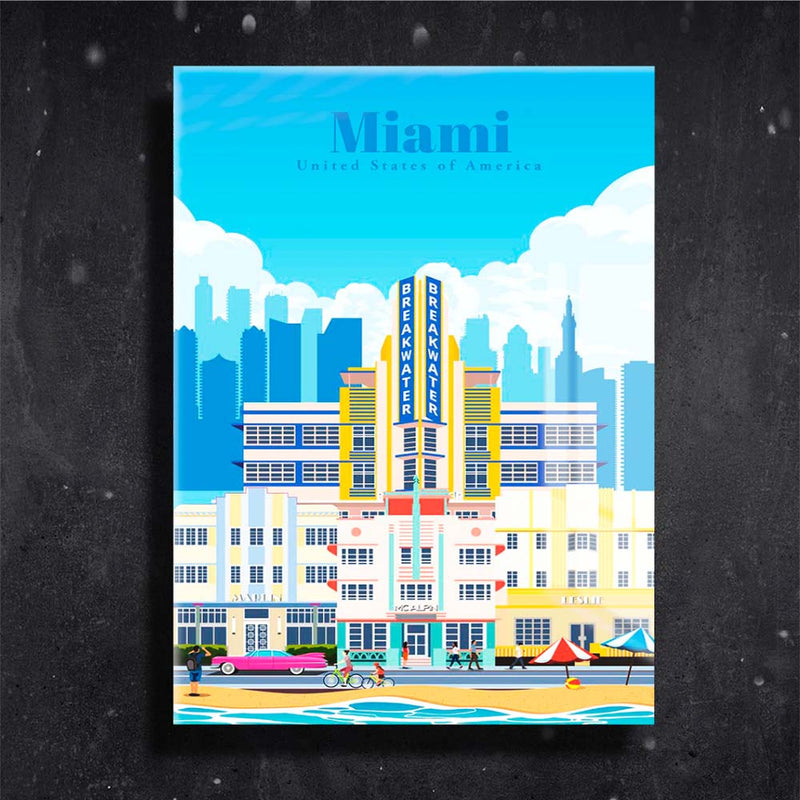 Quadro Metalizado Miami Coleção Países Placa Decorativa Brilhante