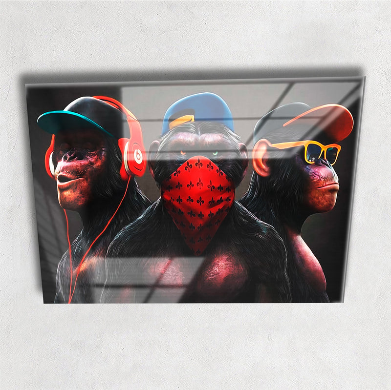 Quadro Metalizado 3 Três Macacos Sábios Fan art Placa Decorativa Brilhante Luxo