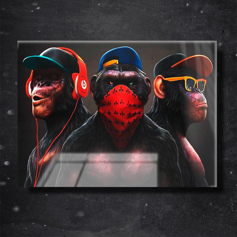 Quadro Metalizado 3 Três Macacos Sábios Fan art Placa Decorativa Brilhante Luxo