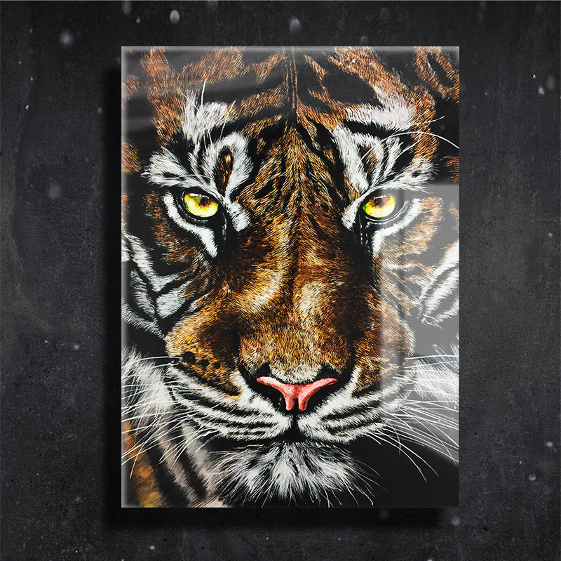 Quadro Metalizado Tigre Encarando Placa Decorativa Brilhante Animais